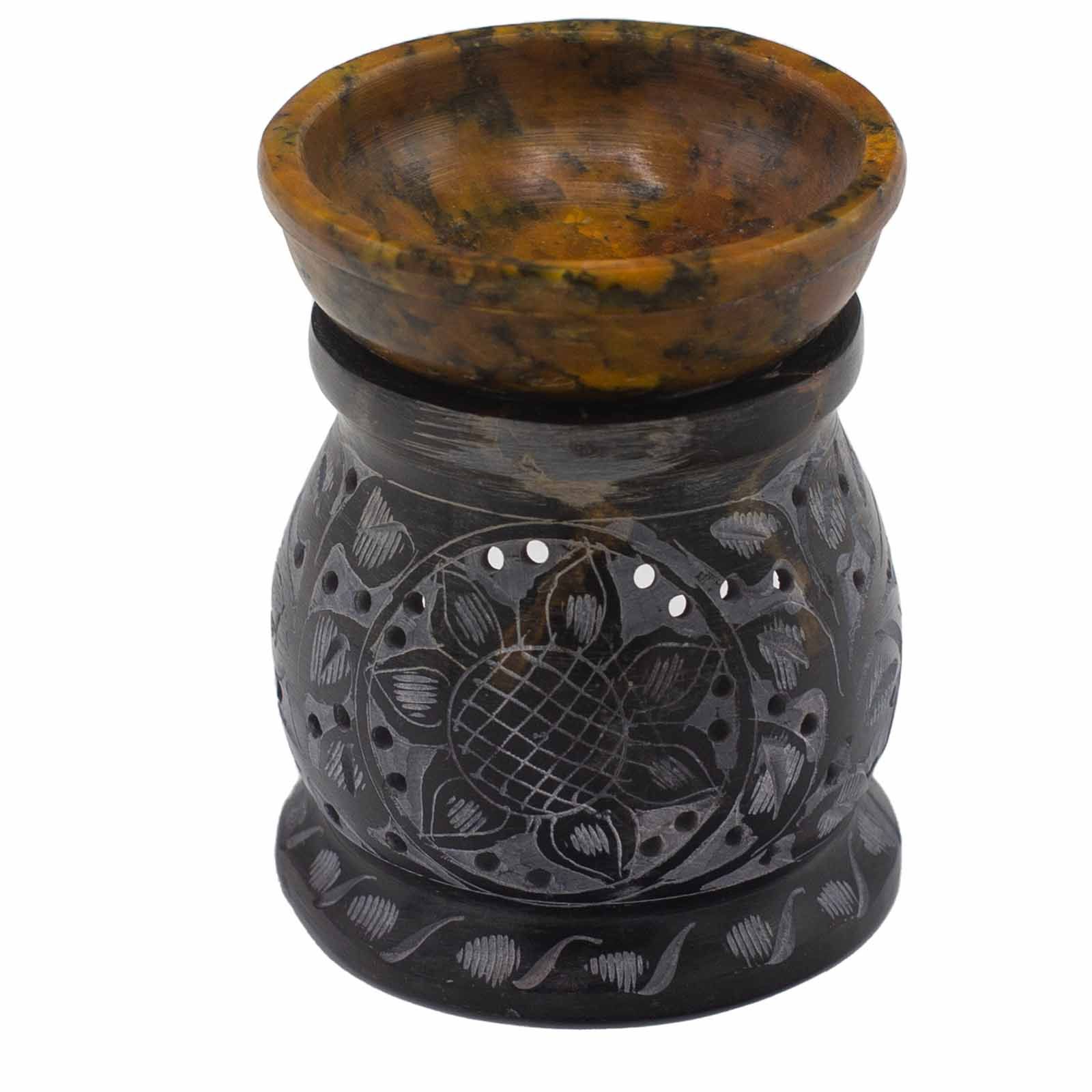 Quemador de aceite de Esteatita - Flor de mandala - Negro y amarillo