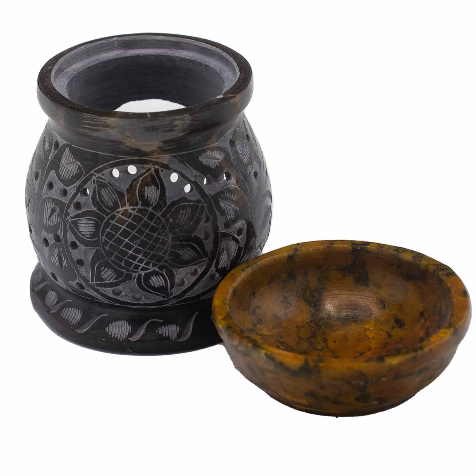 Quemador de aceite de Esteatita - Flor de mandala - Negro y amarillo - Imagen 2