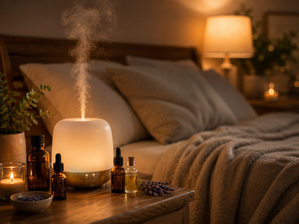 Aceites esenciales para dormir y relajarse con difusor en dormitorio acogedor