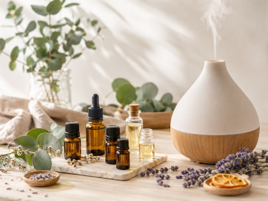 Aceites esenciales y difusor de aromaterapia para el bienestar en casa