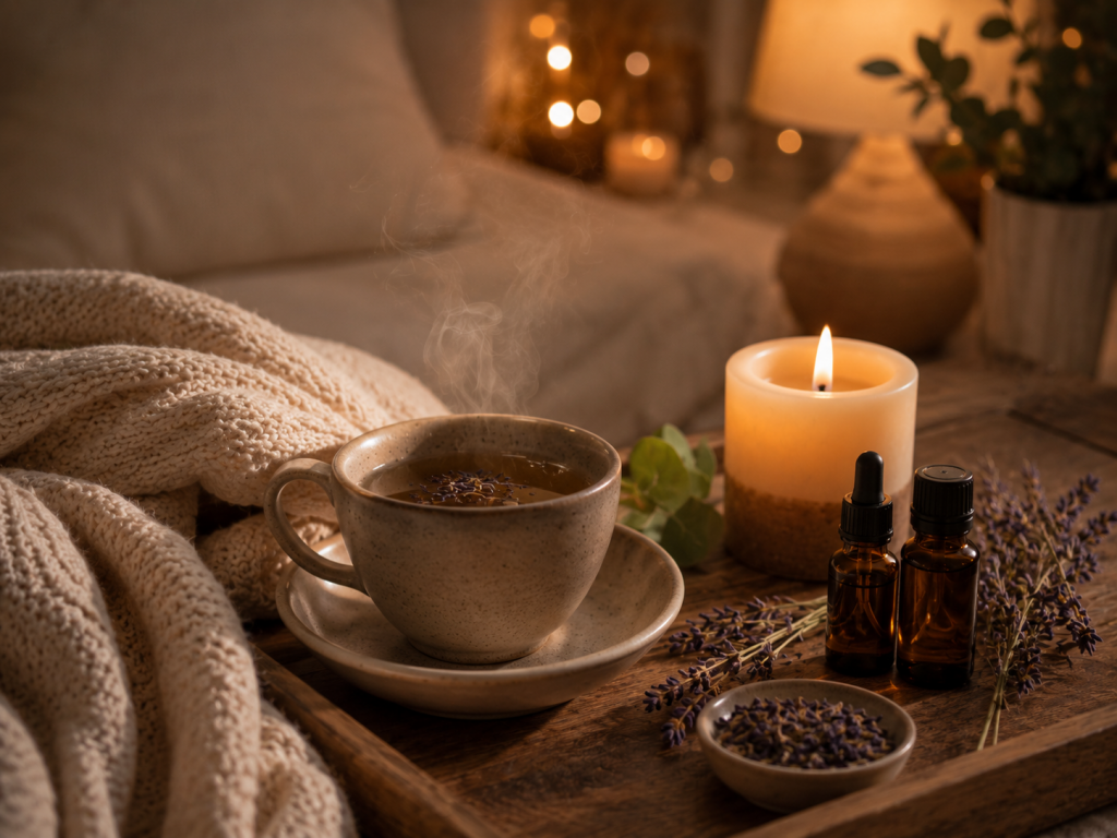 Rutina relajante de noche con aceites esenciales y ambiente acogedor