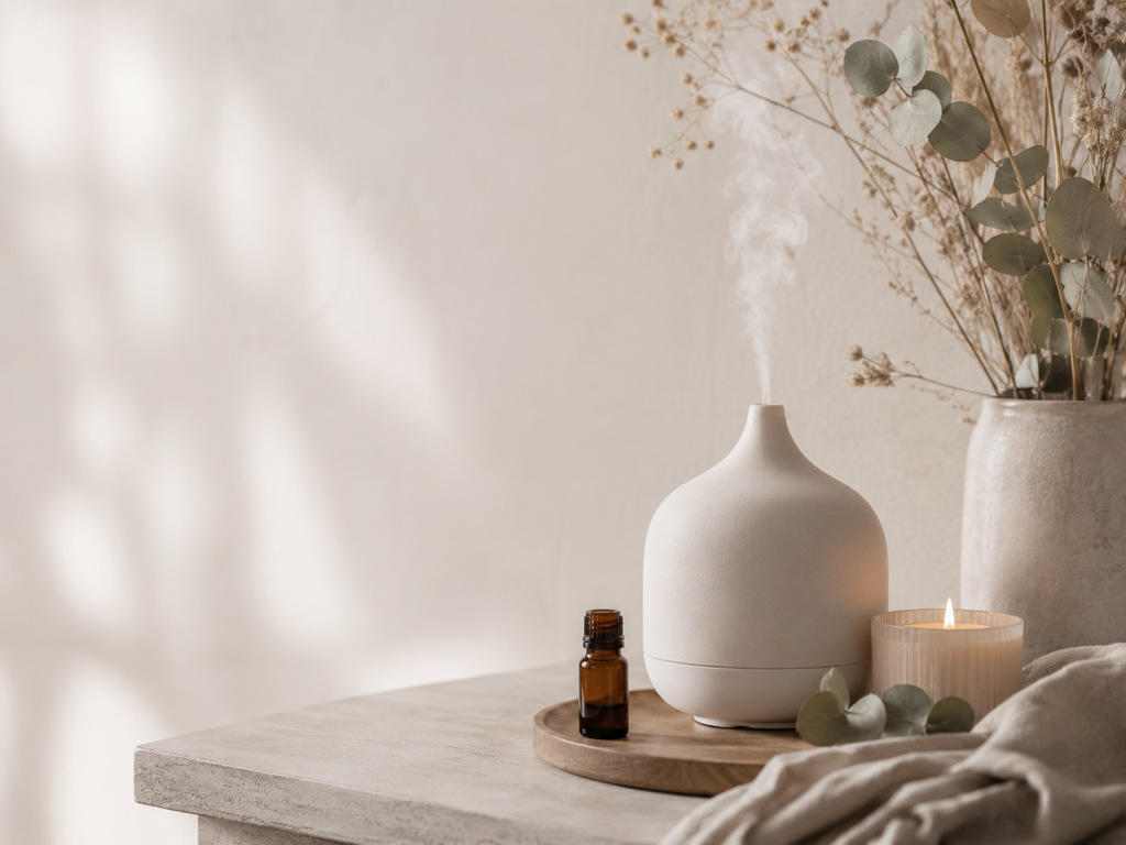 Rincón de bienestar con difusor de aromas, vela y elementos naturales