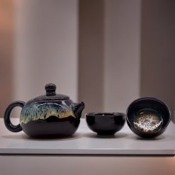 Juego de té Esmaltado Negro con tetera y 2 tazas