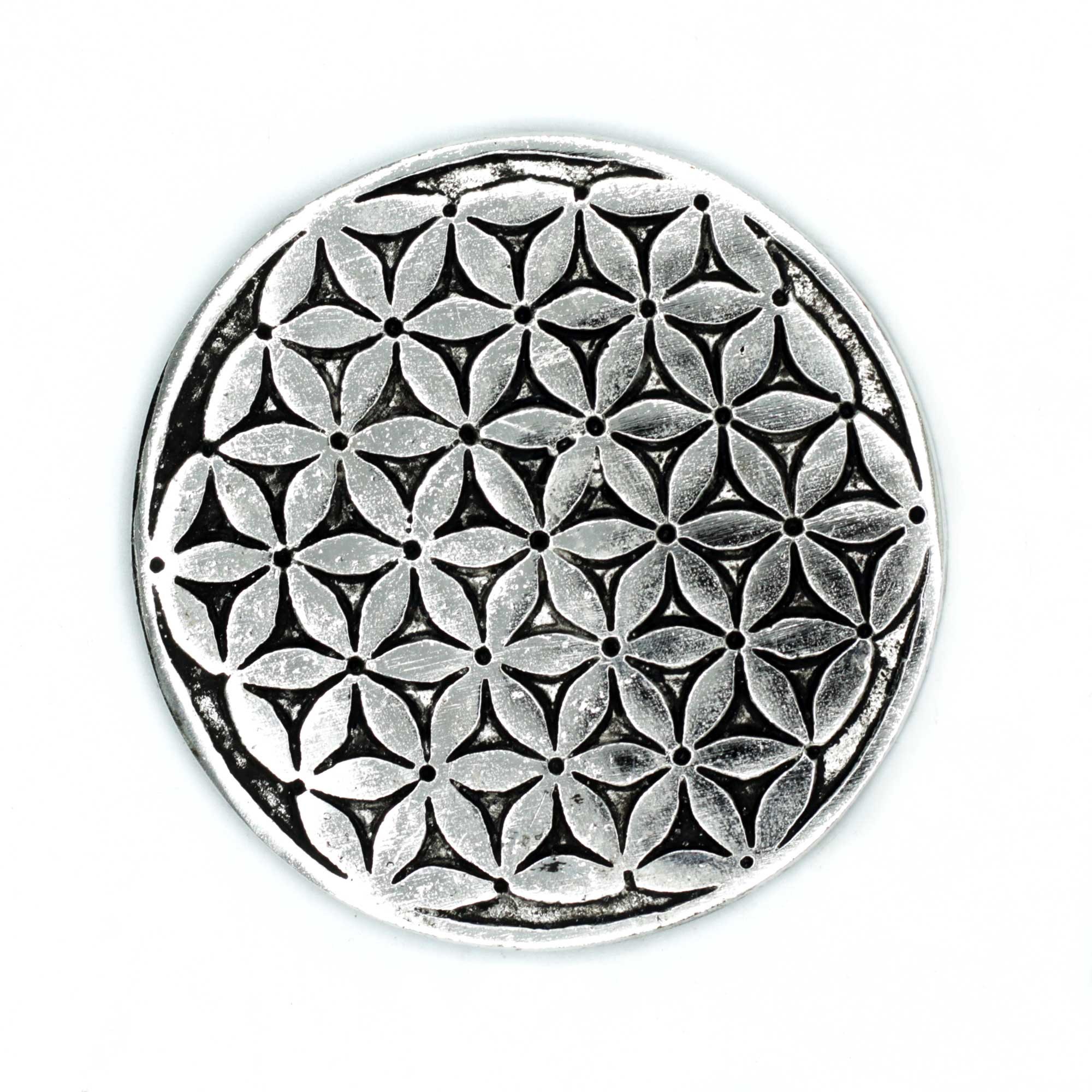 Portaincienso Flor de la Vida de aluminio pulido – 11 cm