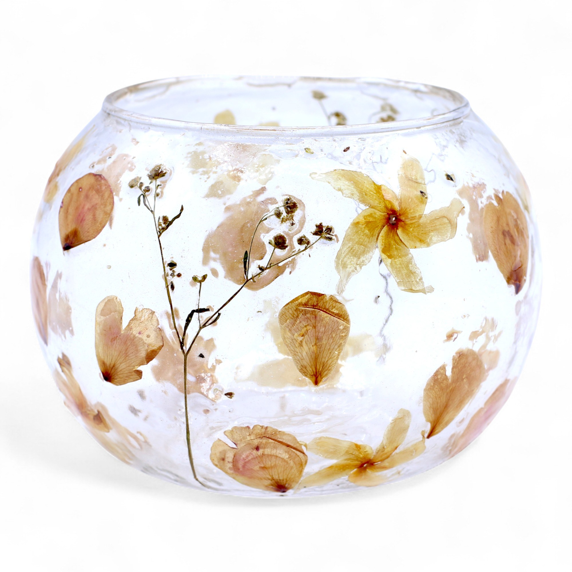 Portavelas cuenco de vidrio reciclado con flores rosas – 12 × 13 cm - Imagen 2