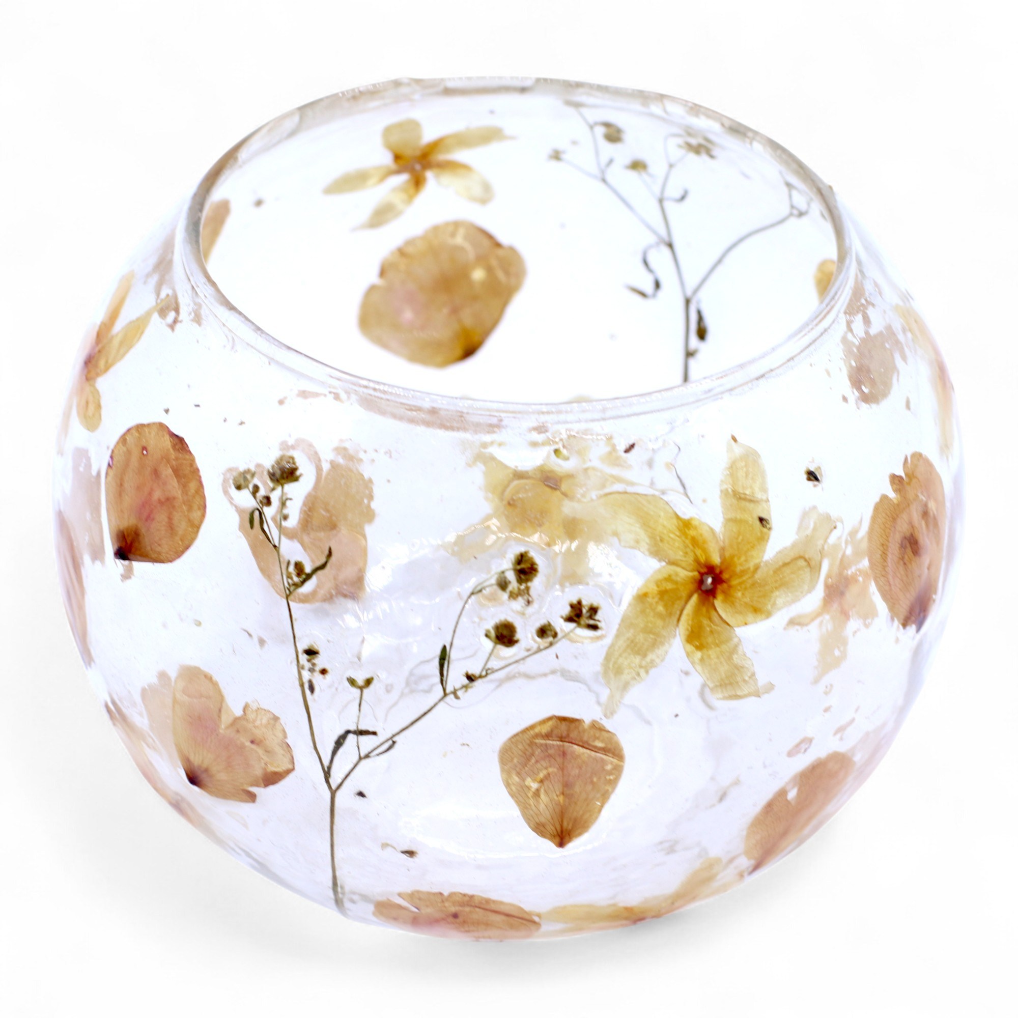 Portavelas cuenco de vidrio reciclado con flores rosas – 12 × 13 cm