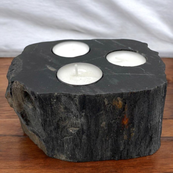 Portavelas triple de madera petrificada y mármol - Imagen 3