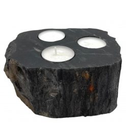 Portavelas triple de madera petrificada y mármol – 6 × 13 × 15 cm
