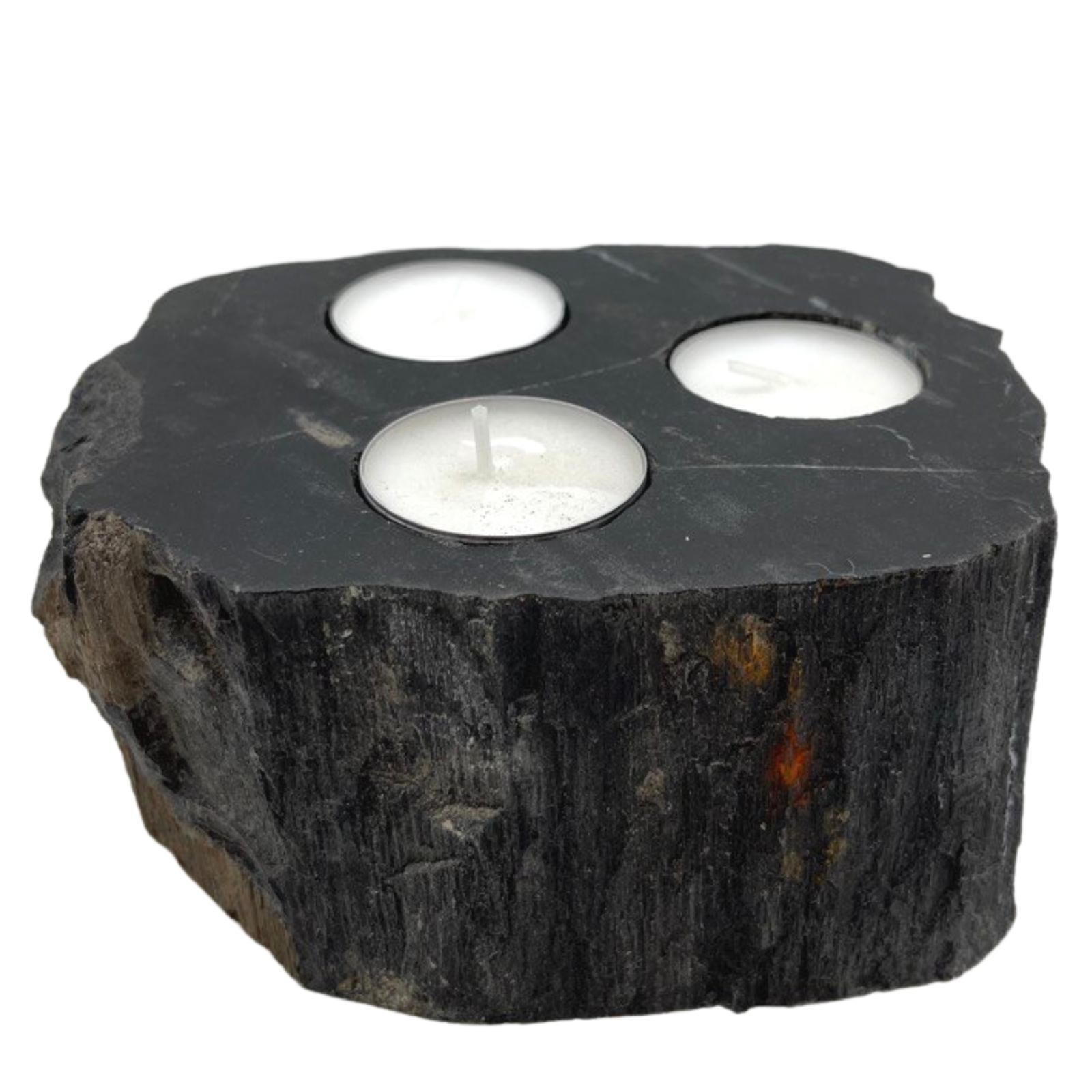 Portavelas triple de madera petrificada y mármol