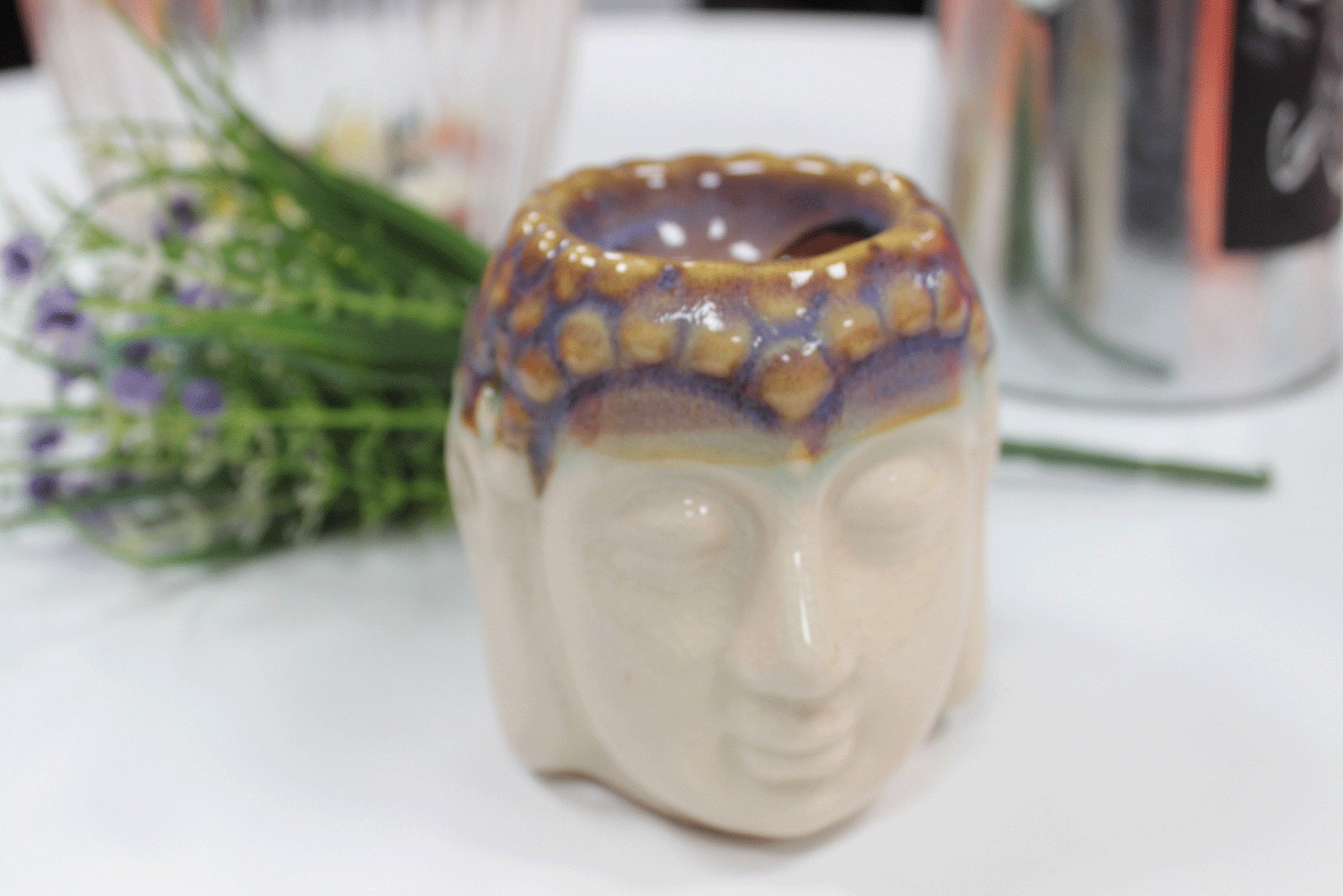 Quemador aromático Rostro de Buda Marfil y Azul - Imagen 2