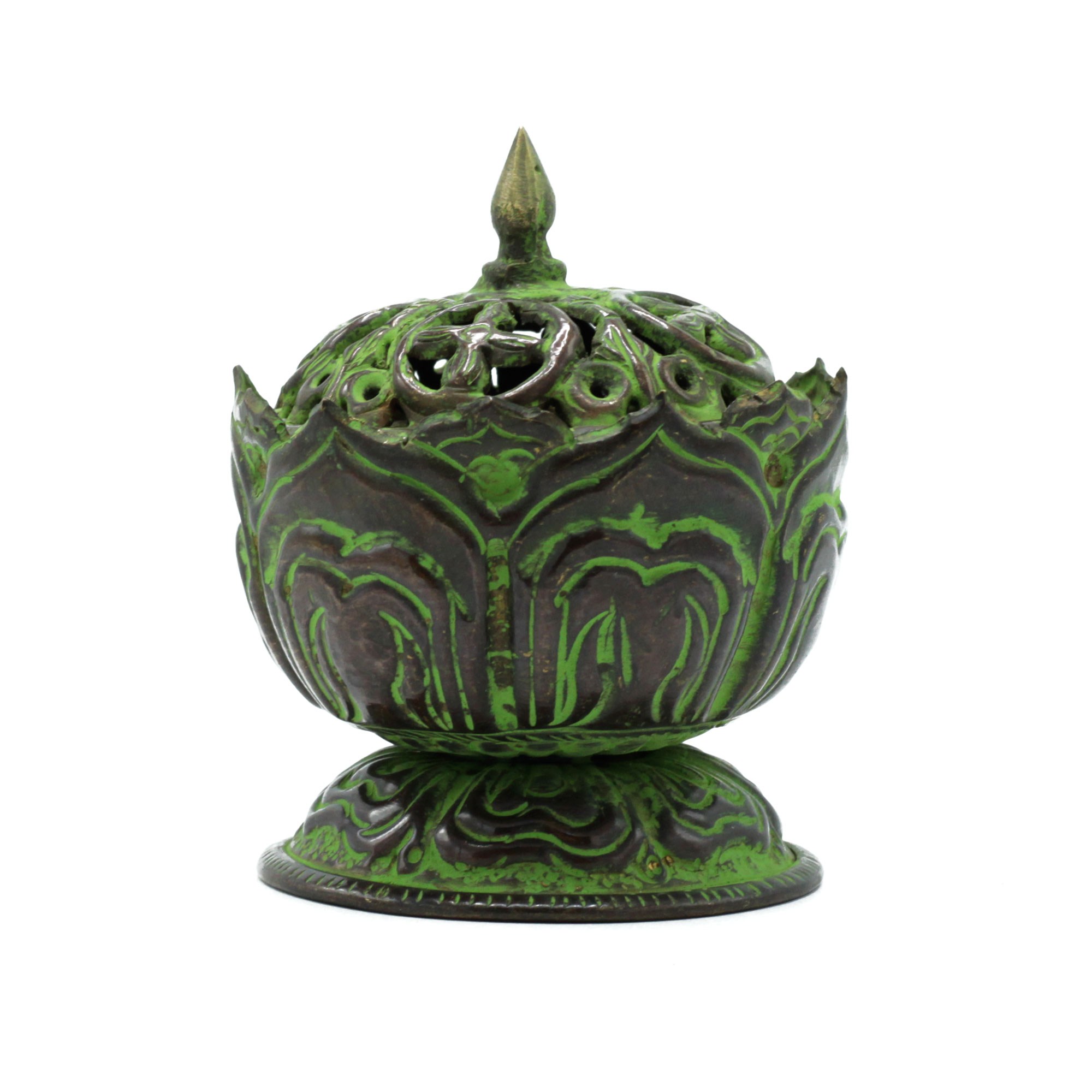 Quemador tibetano Loto de latón verdigris – Pequeño