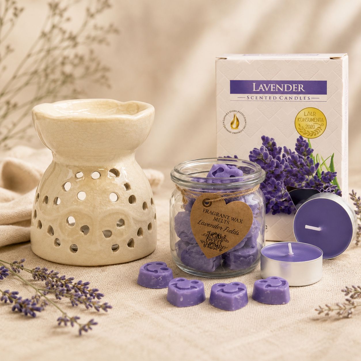 Pack de lavanda con quemador Árbol de la Vida, wax melts y velas de té