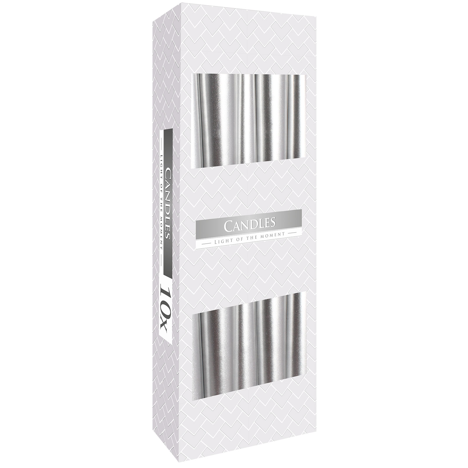 Velas cónicas · Pack de 10 · Plateado metalizado