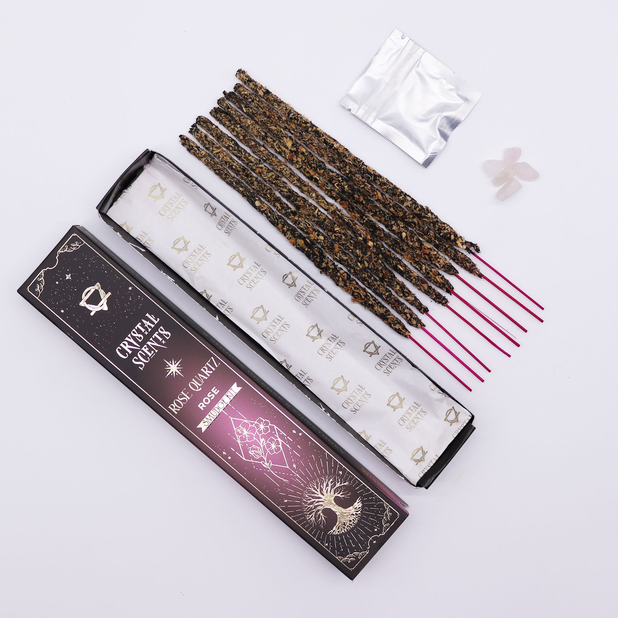 Incienso Crystal Scents · Rosa y cuarzo rosa