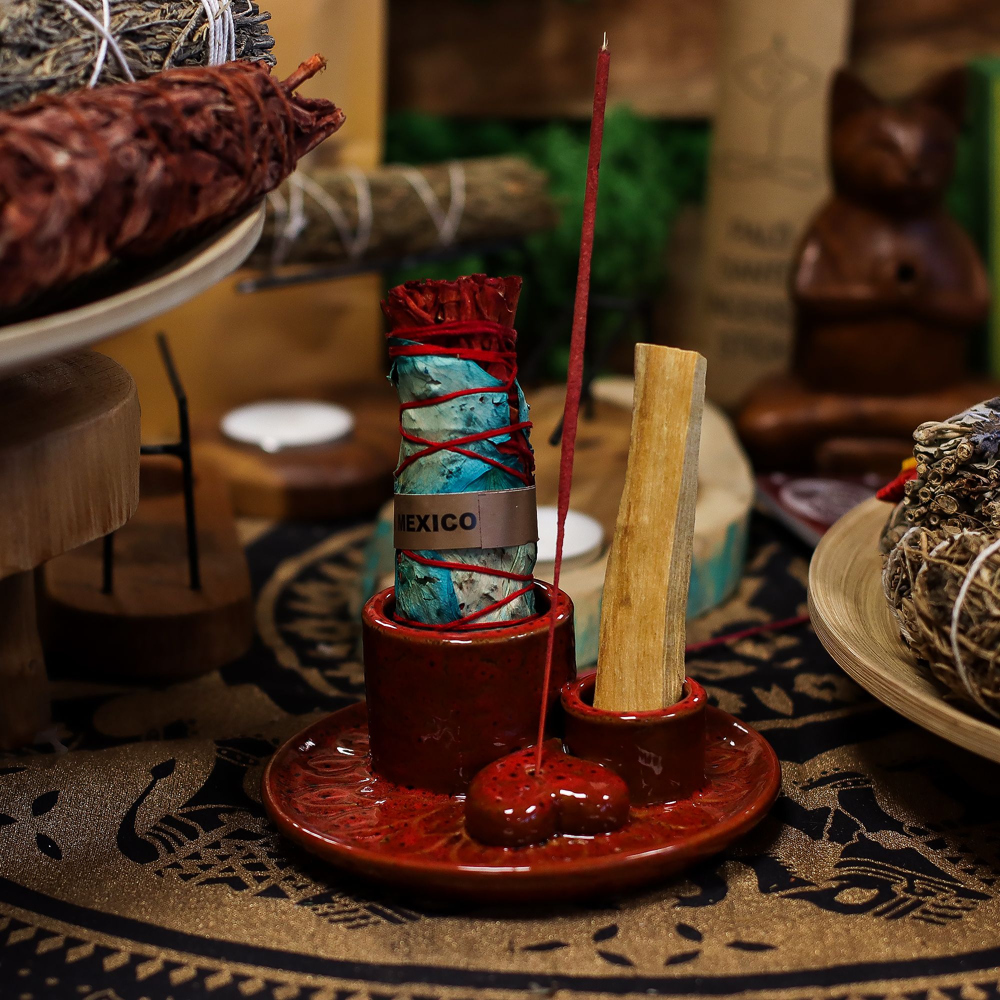 Soporte de cerámica para Palo Santo y Atados · Mandala Rojo