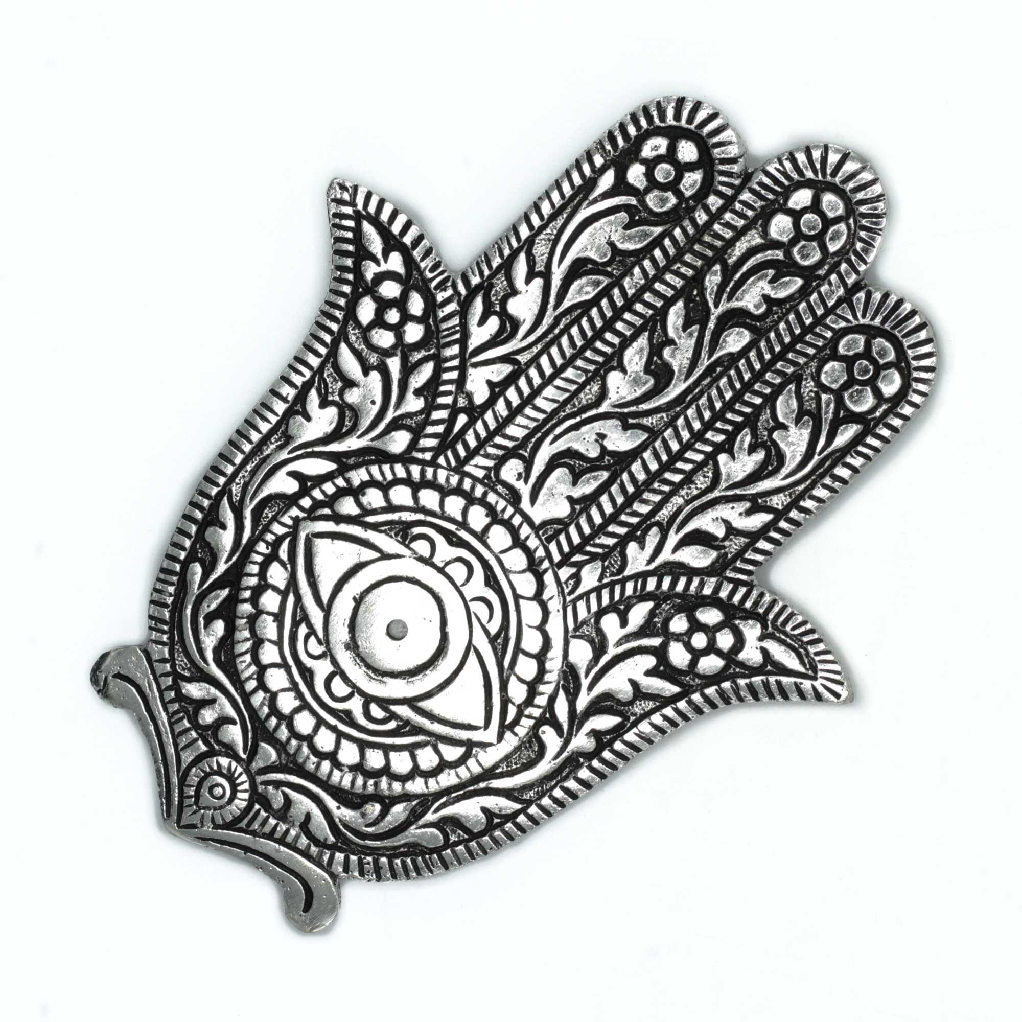 Portainciensos Hamsa (Mano de Fátima) de metal pulido