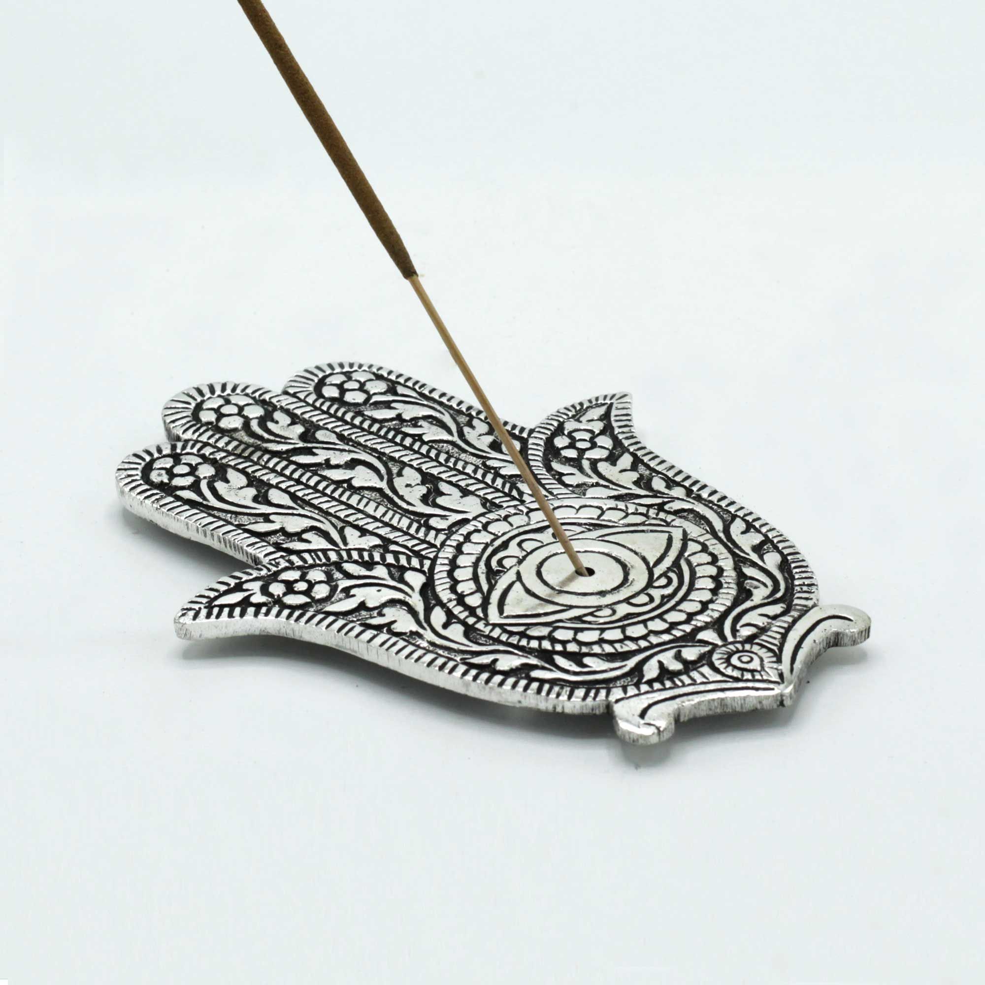 Portainciensos Hamsa (Mano de Fátima) de metal pulido - Imagen 2
